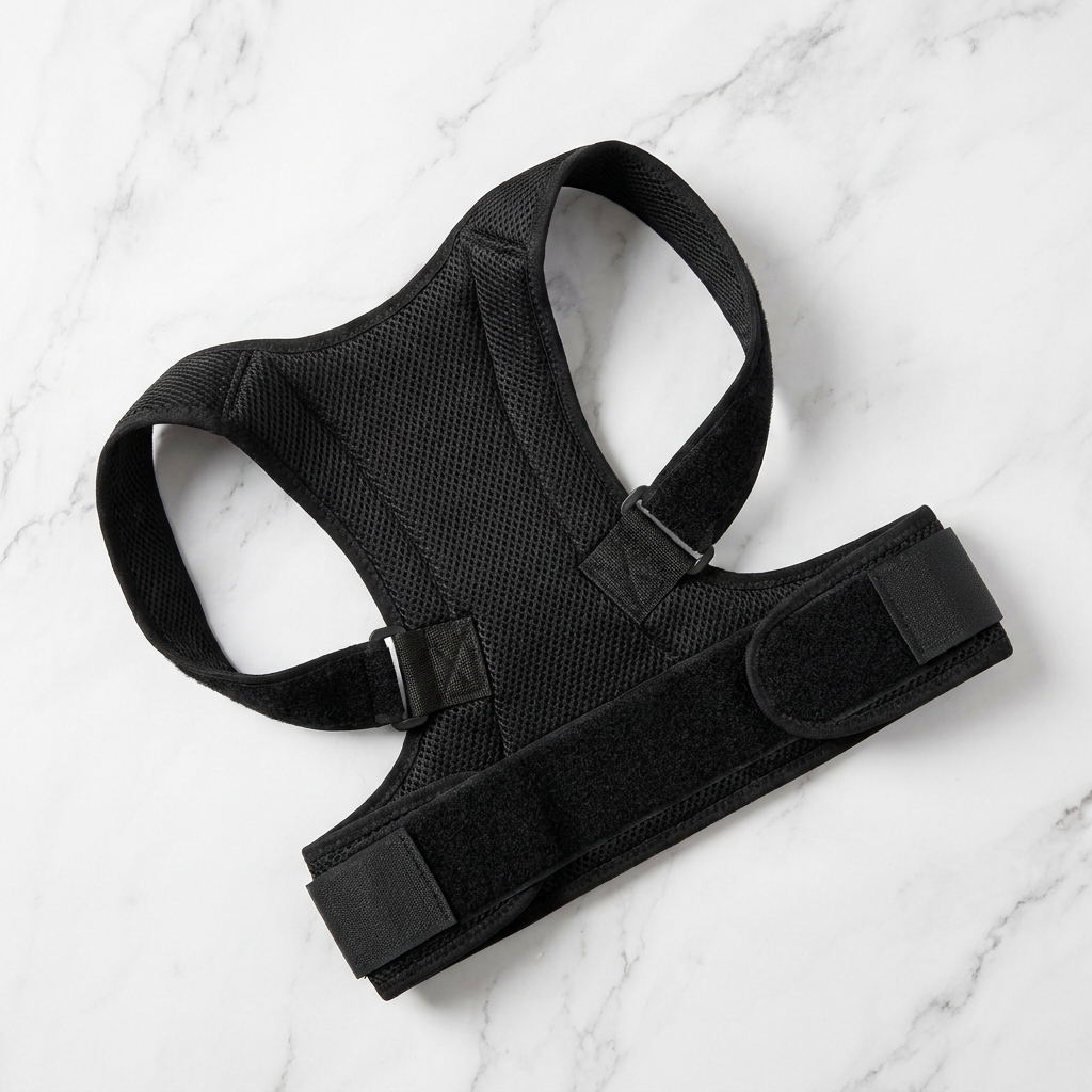 Hållningskorrektor flat lay på vit marmor – produktfoto